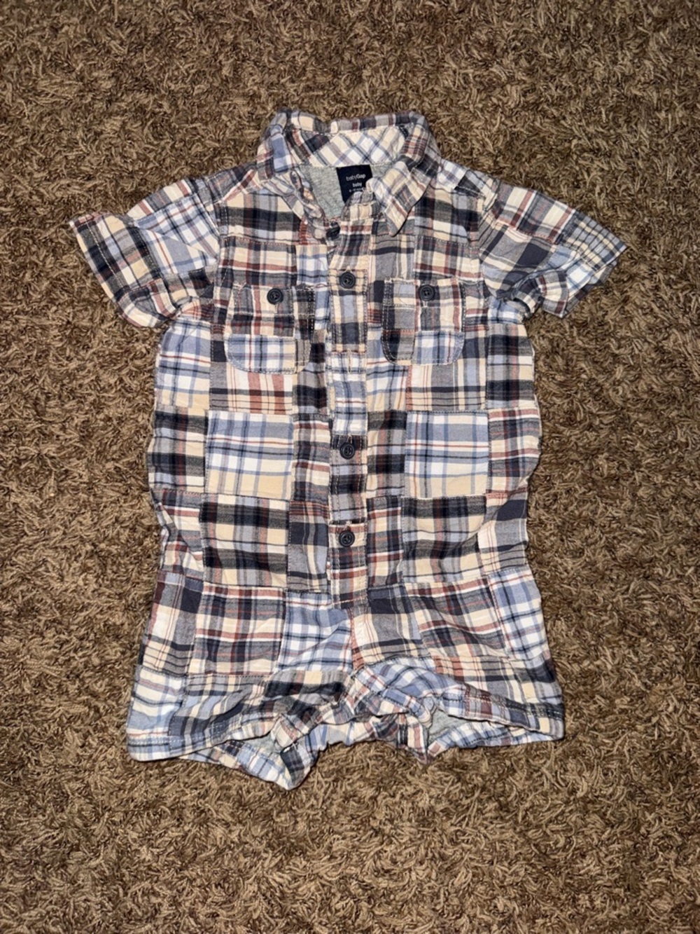 GAP Short-Sleeve Plaid One-Piece Romper - Blue, Tan & Cream